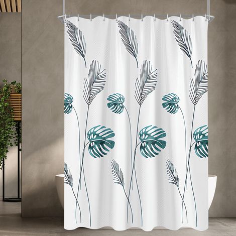Rideau de douche 180 x 200 cm, motif feuilles de bananier, ourlet lesté, anti-moisissure, imperméable, lavable, en polyester, avec 12 œillets et anneaux de rideau de douche, pour salle de bain (1/5)