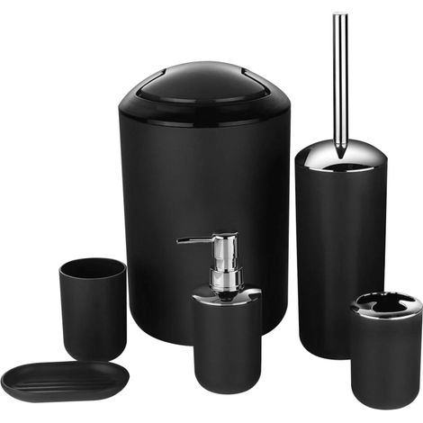 Ensemble de salle de bain moderne 6 pièces comprenant un distributeur de savon, un porte-brosse à dents, une brosse WC, une poubelle, un gobelet et un porte-savon. (1/5)