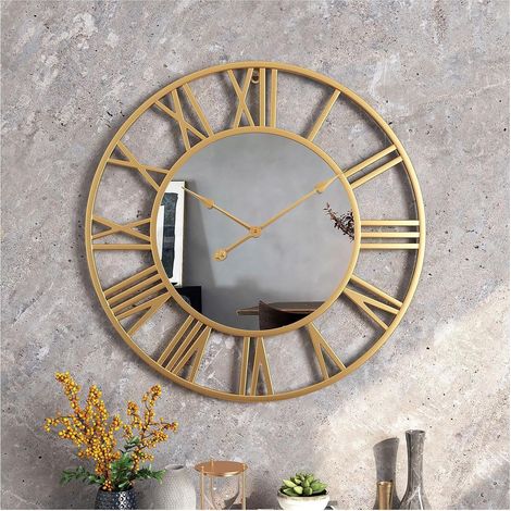 Horloge murale ronde avec miroir, idéale pour le salon, la chambre et le bureau, cadre et aiguilles dorés, 40 cm, 1 pièce.