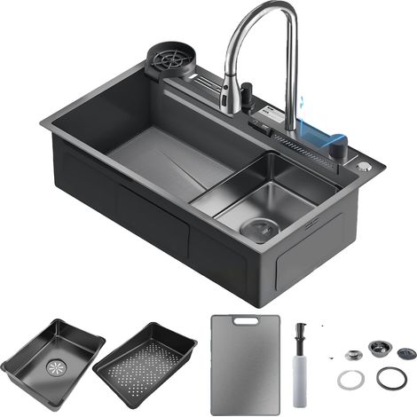 Évier de cuisine cascade, acier inoxydable 304, design à double cuve, 75x45 (Numérique) (1/2)