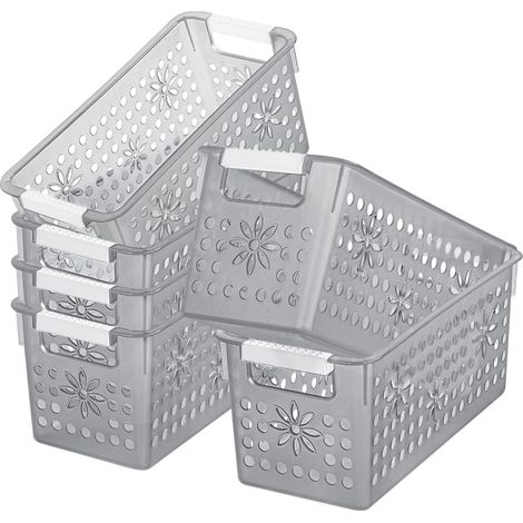 Lot de 6 boîtes de rangement en plastique avec poignée, paniers de rangement avec trou, panier de rangement ouvert pour la maison, la cuisine, le bureau, noir transparent (29 x 13,5 x 12,5 cm) (1/5)
