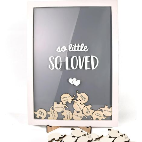 Livre d'or Éléphant Bébé Alternatif Cadre Photo en Bois et Acrylique pour Baptême, Baby Shower et Naissance,Souvenir Personnalisé Décoration Chambre Enfant avec 40 Petits Éléphants(30 x 42 cm) (1/5)