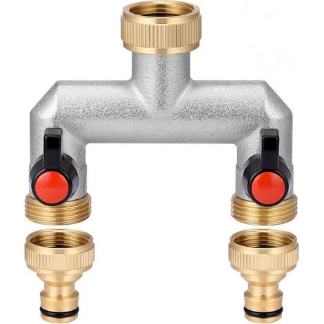 Grifo de latón de doble salida de 2 vías, para 2 dispositivos/mangueras de jardín, distribuidor de agua de 2 vías de 3/4" con válvula de bola para regular y cortar el flujo de agua. (1/5)