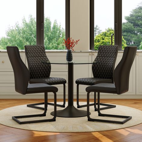 Ensemble table verre 85 cm + 4 chaises PU noires à dossier losange haut. Élégant et discret pour petite salle à manger et espace de travail. (1/5)