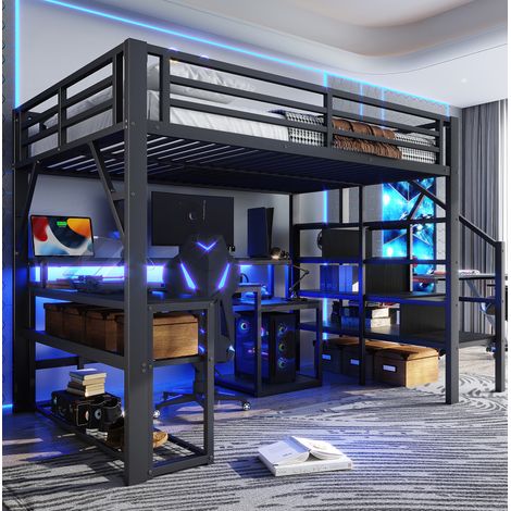 Lit mezzanine 140x200 cm noir en métal et MDF avec bureau, LED et USB