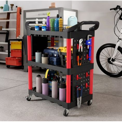 Carrello officina 3 livelli 95x43x96 cm con pannelli forati, ganci e contenitori, polipropilene nero/rosso (1/5)