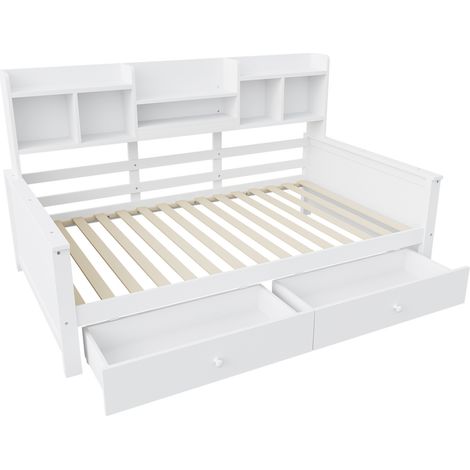 Divano letto 90x200 bianco con cassetti e ripiani, letto singolo con rete a doghe (1/5)