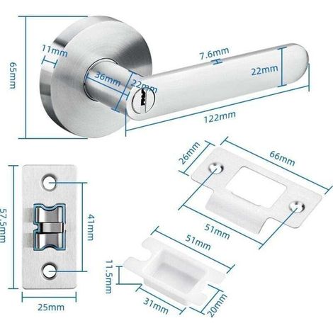 Manilla de puerta de palanca, cerradura de puerta de palanca, manilla de puerta interior con cerradura y llave, apertura silenciosa, inoxidable, 60 mm (1/3)