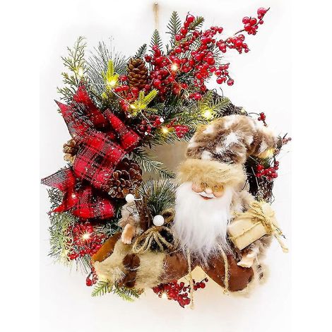 Weihnachtskranz mit LED-Lichterkette und Weihnachtsmann-Motiv, Tür- und Wandbehang, Weihnachtsdekoration, Geschenkidee (1/4)