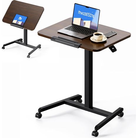 Table d’appoint Mobile avec roulettes, réglable en Hauteur 76–110 cm, Plateau inclinable Pliable, Table pour Ordinateur Portable, Bureau Assis-Debout pour télétravail et Maison(Noyer) (1/5)
