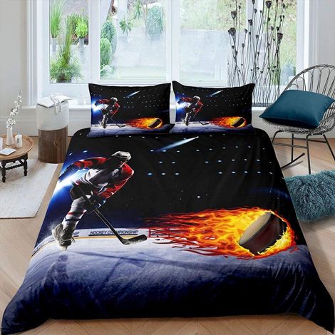 Parure de lit avec housse de couette 135 x 200 cm - Motif : hockey sur glace - Pour l'hiver, les sports extrêmes, le jeu - Motif flammes - Pour garçons, adolescents, adultes - Bleu et noir (1/5)