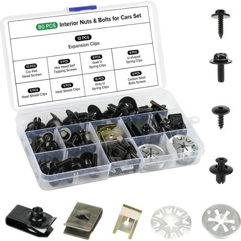 80 Pièces Vis & Clips Voiture Kit,Vis Carrosserie Voiture avec Verrouillage Rondelle Clips,U Clips Carrosserie & Vis de Soubassement,Clips de Fixation Voiture Kit pour Réparer les Pare Boues (1/5)