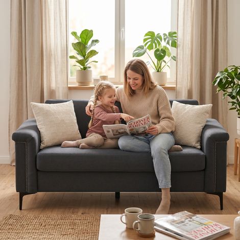 Canapé nordique 2 places 172x72x82 cm – Revêtement en lin fin, structure bois massif & piètement fer robuste, parfait pour votre salon