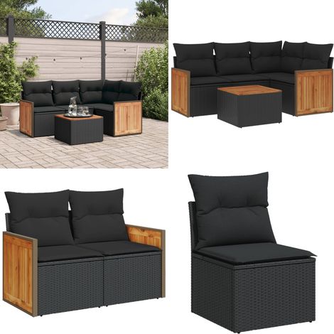 5-tlg. Garten-Sofagarnitur mit Kissen Schwarz Poly Rattan - Gartenmöbel Set - Rattan Möbel - Outdoor Lounge - Esstisch - Sofasatz - Home & Living (1/5)