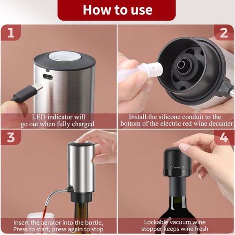 Aérateur De Vin Électrique - Rechargeable Usb Type-C - Bouchon Avec Serrure - Acier Inoxydable - 1 Pièce (1/5)