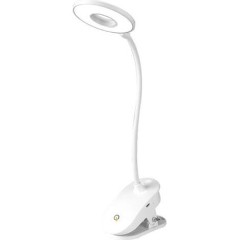 Lampe de lecture à pince alimentée par piles, idéale pour une utilisation au chevet du lit, avec 3 niveaux de luminosité réglables et chargement USB. (1/5)