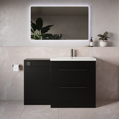 Napoli 390 Matt Black 1300mm 2 Drawer Vanity Unit Toilet Suite with Glide Basin - 1300mm - Gunmetal Grey 480mm HandleWithout Kingston Toilet Pan