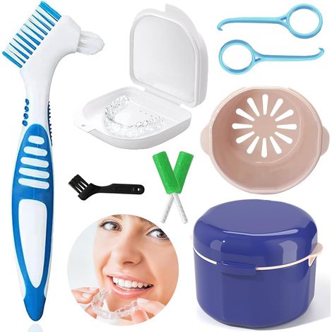 Ensemble de Brosses Pour Dentiers, Boite a Dentier, Boite Appareil Dentaire Avec Miroir, Avec Outil de Retrait de l'aligneur 2X Pour Le Nettoyage Et 2 outils de retrait Le Stockage Des Appareils (1/5)
