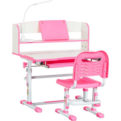 Banco Scuola per Bambini 6-12 Anni Regolabile con Luce LED, Leggio e Portapenne, in MDF, PP e Acciaio, Rosa