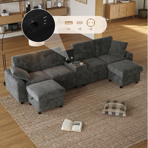 U-Sofa 315 x 135 x 81 cm aus grauem Stoff mit 2 Stauraumhockern für Wohnzimmer – MEUBLIV (1/5)