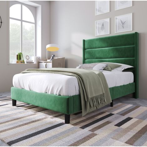 Cama tapizada 90/200 cm verde oscuro de terciopelo con cabecero acolchado (1/5)