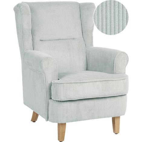 Sillón orejero clásico con respaldo alto tapizado en pana patas de madera azul claro Abson (1/5)