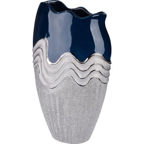 Vase ondulé Conique en céramique - Hauteur 39 cm x Largeur 22,5 cm - Bleu foncé argenté émaillé - Vase à Fleurs texturé imperméable (1/5)