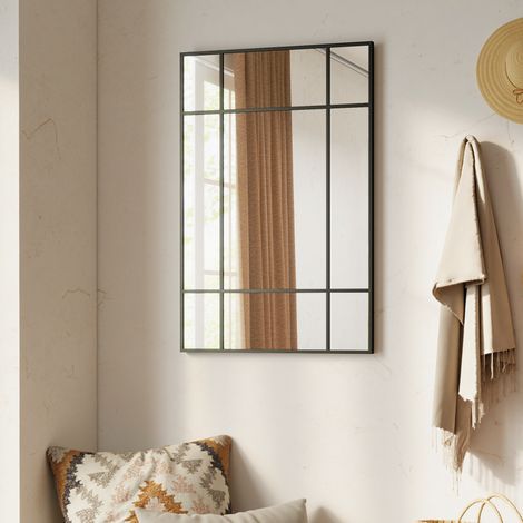 Rechteckiger Wandspiegel, Fensterspiegel 90x60 cm mit Metallrahmen, dekorativer Spiegel für Wohnzimmer und Schlafzimmer, Schwarz