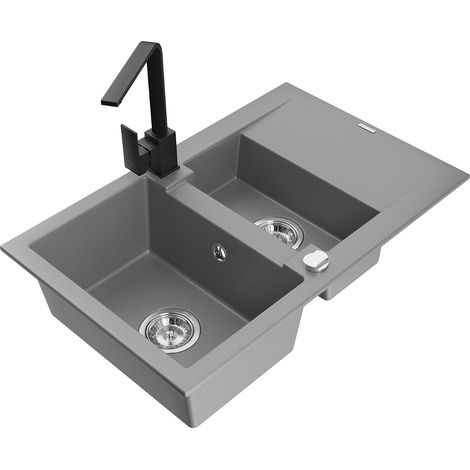 Mexen Gaspar évier en granit 1,5 bac avec égouttoir et robinet de cuisine Rita, gris - 6507-71-670300-70 (1/5)