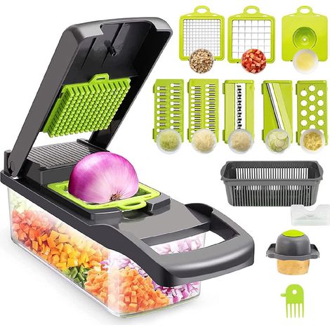 Cortador de verduras manual, mandolina de cocina multifuncional 13 en 1: 2 cuchillas, rallador/rebanador de 7 pulgadas, separador y escurridor de huevos, cuchillas de acero inoxidable. (1/5)