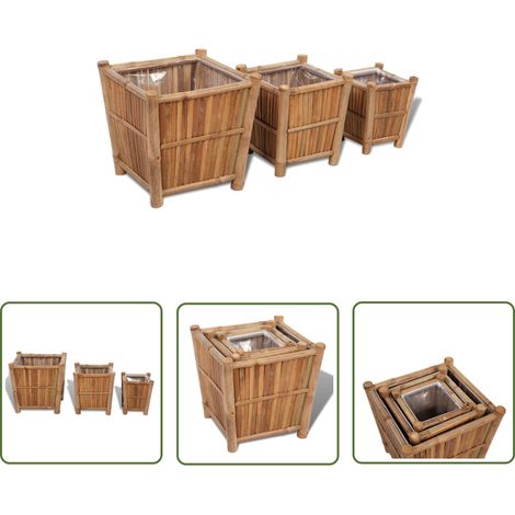 The Living Store Lits surélevés en bambou avec doublure en nylon 3 pcs - Jardiniere En Bambou - Pots Surélevés - Bacs De Plantation - Décoration Jardin - Jardin Exterieur (1/5)