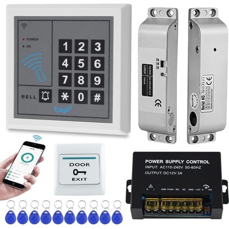 Système de porte de contrôle d'accès RFID complet WiFi Contrôleur d'accès Clavier 12 VDC Électrique Bolzen Lock 12 VDC Alimentation et Bouton de sortie 10 pcs 125 kHz RFID Touches (1/5)