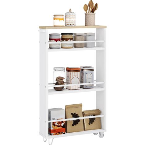 WOLTU - Carrito de almacenamiento delgado para cocina y baño, ahorra espacio, 3 estantes, roble claro y blanco