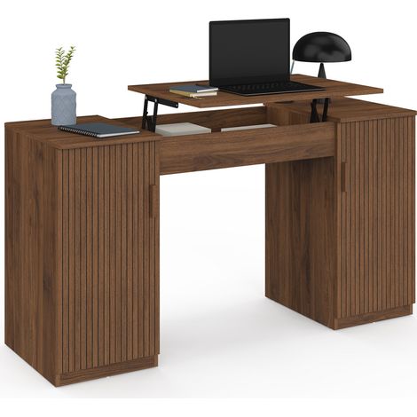 Scrivania con piano ribaltabile 140x50 cm JULIETTE, 2 ante a doghe con listelli in legno effetto noce (1/5)