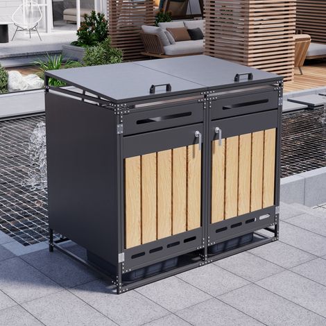 Coffre à poubelles avec couvercle hydraulique, revêtement vertical imitation bois, perforations d'aération, armoire de jardin en fer avec serrure