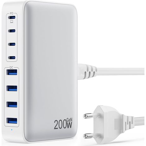 200W Chargeur USB C, Chargeur Rapide avec GaN III Tech, 8 Ports PD QC PPS Prise Multiple, 65W Adaptateur Chargeur Laptop Compatible avec MacBook Pro
