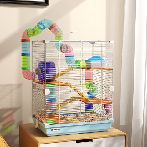Cage à hamster 5 niveaux tubes roue échelles maison bouteille en métal PP PS - Dimensions: 46x30x58 cm