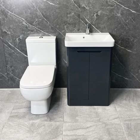 RAK Series 600 Toilet with Ross 550mm Vanity Unit Basin Bathroom Suite, Anthracite Gloss-With Tap (1/5)