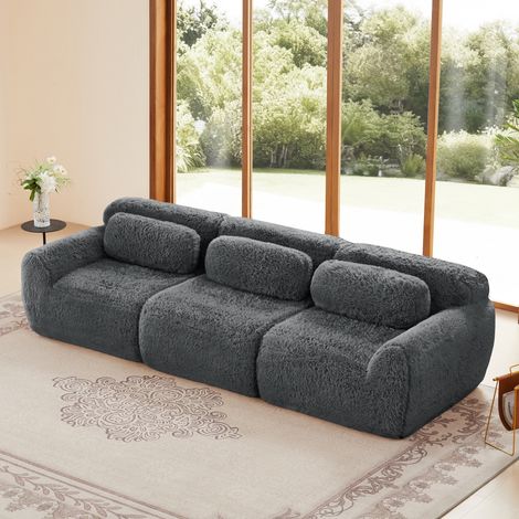 Canapé 3 Places en Tissu peluche 291x104x73 cm – Sofa Modulable avec Accoudoirs Courbés, Base Antidérapante et Tissu Élastique, Idéal Salon - Gris