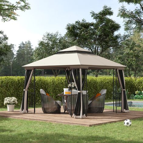 Padiglione da giardino Outsunny con doppio tetto, gazebo, tenda da giardino, tendone, tenda per feste con 4 pareti laterali, metallo + poliestere, beige, 2,99 x 2,99 x 2,74 m