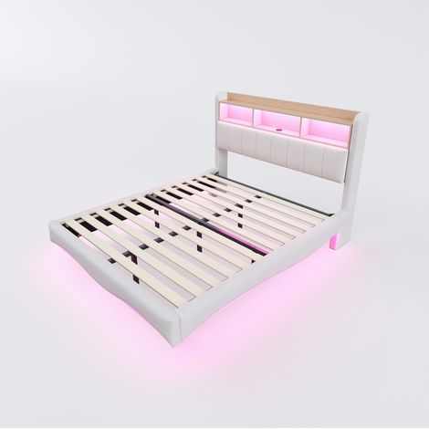 Lit coffre tapissé 140 x 200 cm beige avec LED, ports USB et Type C, design flottant MODENUIT (1/5)