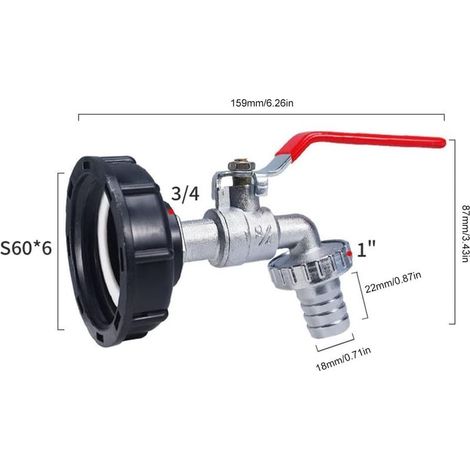 Robinet Cuve 1000l, 3/4" Adaptateur de Réservoir en Alliage d'aluminium,Raccord Cuve 1000 Litres,Robinet de Jardin avec Adaptateur en Laiton,S60X6 IBC Robinet Cuve pour Robinet de Jardin (1/2)