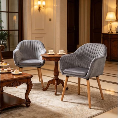Juego de 2 sillas de comedor de terciopelo gris oscuro con reposabrazos y patas de madera maciza (1/5)