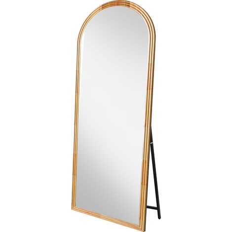 Miroir sur pied incurvé avec cadre en bois brun, 160 x 50 cm, avec support métallique réglable, reproduction d'image nette, emballage de transport robuste, convient aux espaces résidentiels et commerc (1/4)
