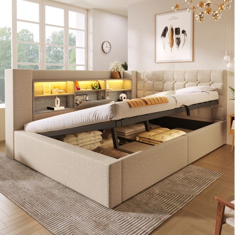 Doppelbett 140x200 cm beige aus Leinen mit LED-Beleuchtung, Stauraum und Matratze (1/5)
