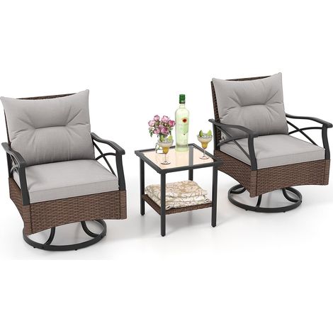 Conjunto de sillas mecedoras giratorias de exterior, 3 piezas con mesa de cristal. (1/5)