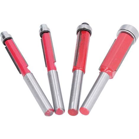 Satz mit 4 Fräsern zum Abflachen, Schaft 6,35 mm (1/4 Zoll), Oberlager, Schnittdurchmesser: 6,35 mm (1/4 Zoll), 7,94 mm (5/16 Zoll), 9,52 mm (3/8 Zoll) und 12,7 mm (1/2 Zoll).