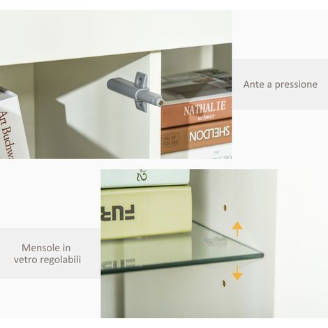 Meuble de rangement moderne blanc laqué, 97x35x83 cm, avec éclairage LED intégré, étagères vitrées et portes, armoire polyvalente en bois (1/5)