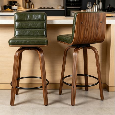 Tabouret de bar pivotant 360°, dossier ergonomique, en PU, pieds en bois courbés, vert (1/5)