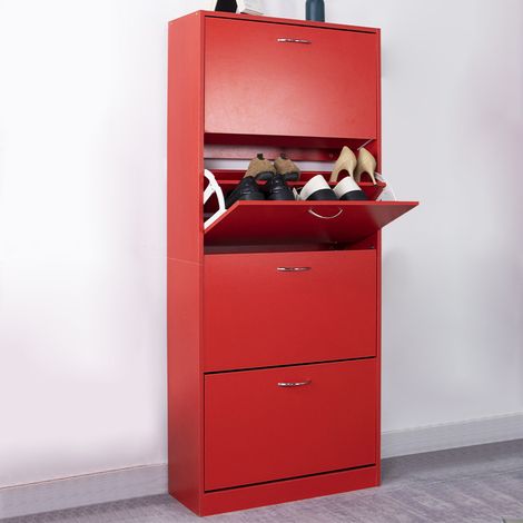 Scarpiera 4 Ante Ripiani Doppia Profondità con Maniglia Colore Rosso 63x24x150cm (1/5)